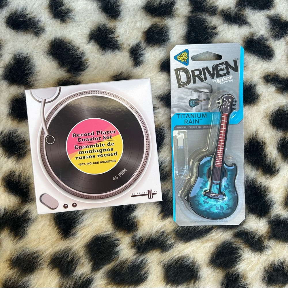 Record Player Coaster Set & Driven by Refresh Hanging Guitar Car Air Freshener